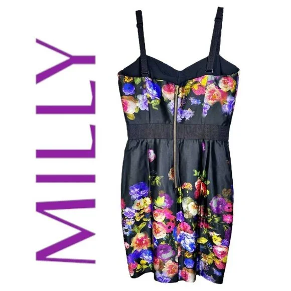 NWT MILLY Black Floral Print Strappy Bustier Sheath Square Neck Cocktail Dress 6